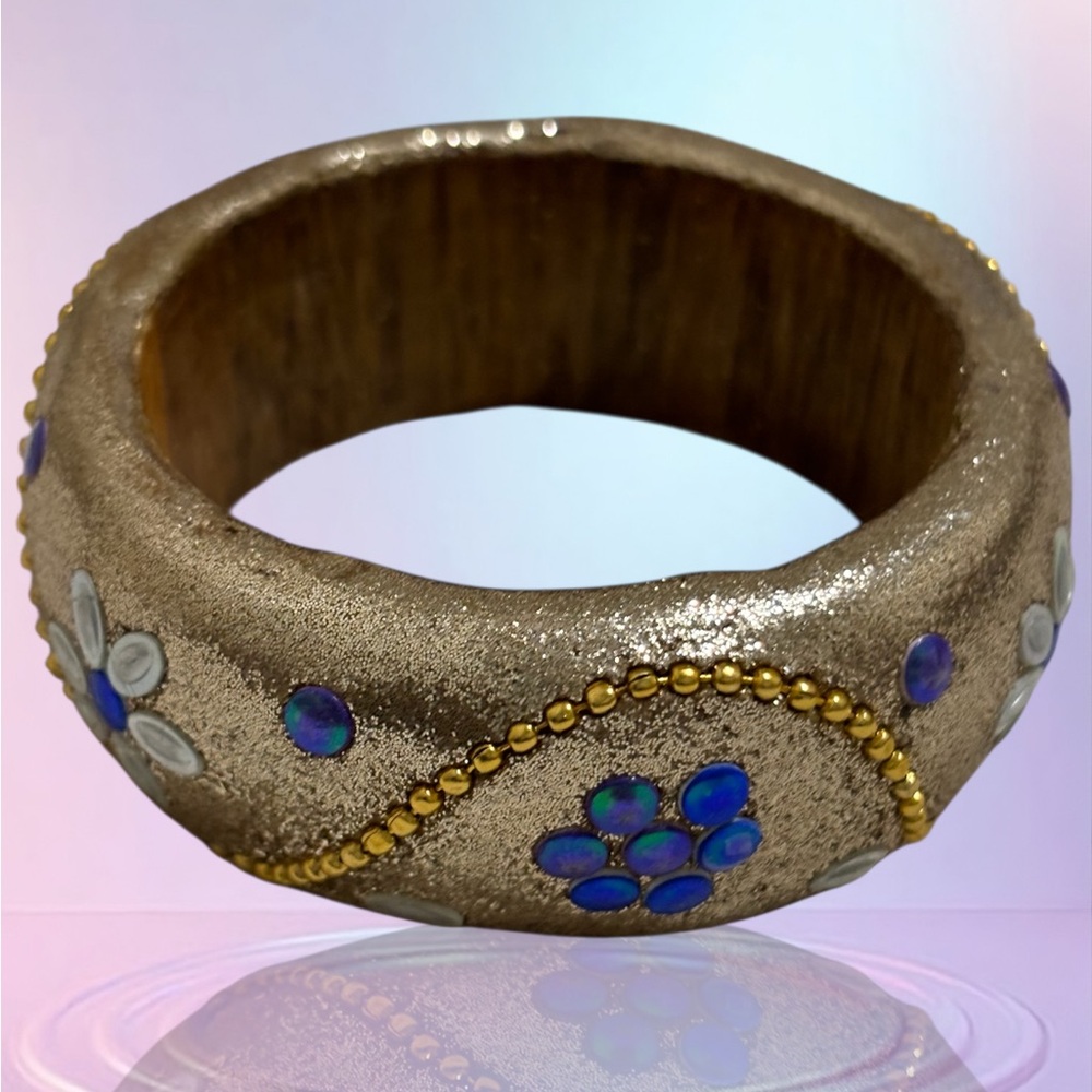 Bangle with Bead and Floral Accents Gold and Blue - Picture 5 of 11